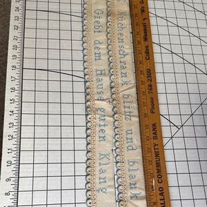 Antique German Kitchen Band – Motto Ribbon with Blue Embroidery & Lace Trim
